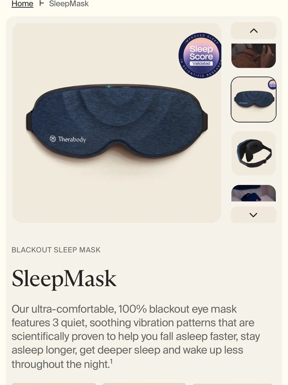 Therabody Navy Blue Blackout Sleep Mask with Gentle Vibration